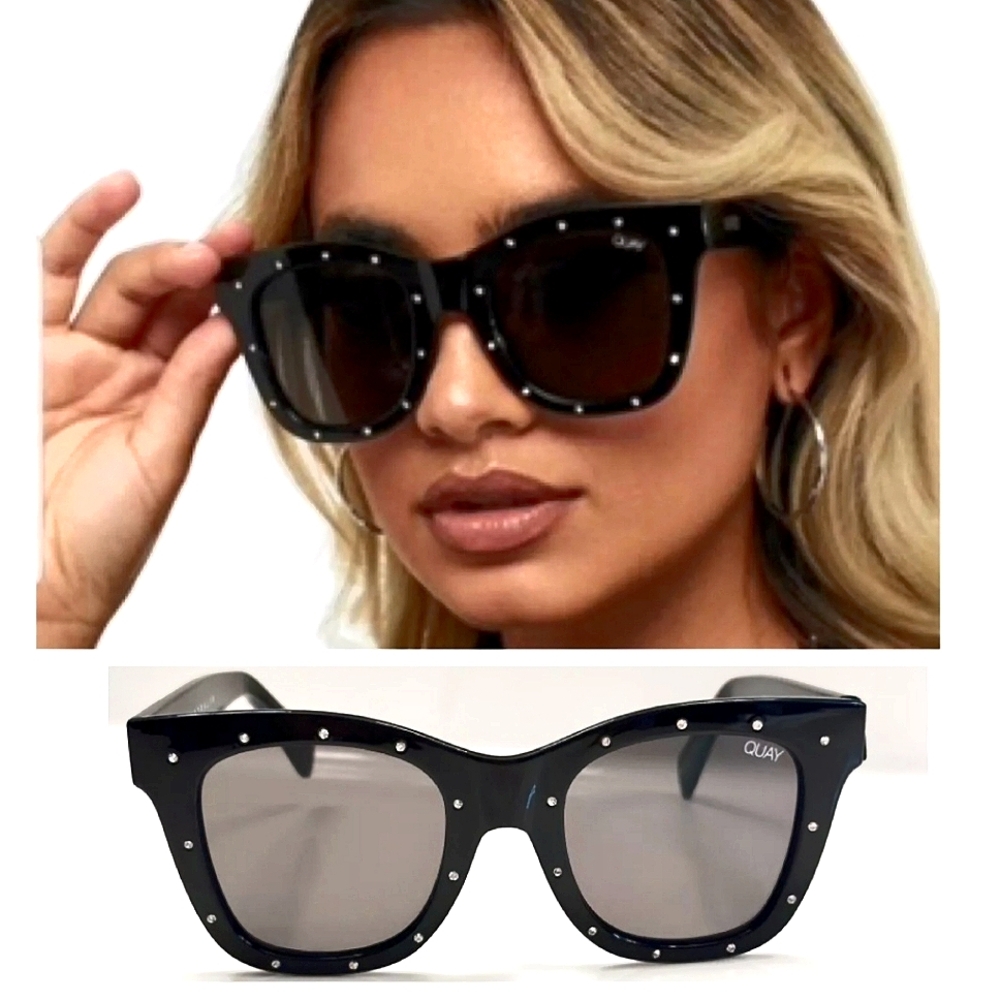 New Quay Australia After Hours  Square Black Rhinestone Sunglasses w/Case